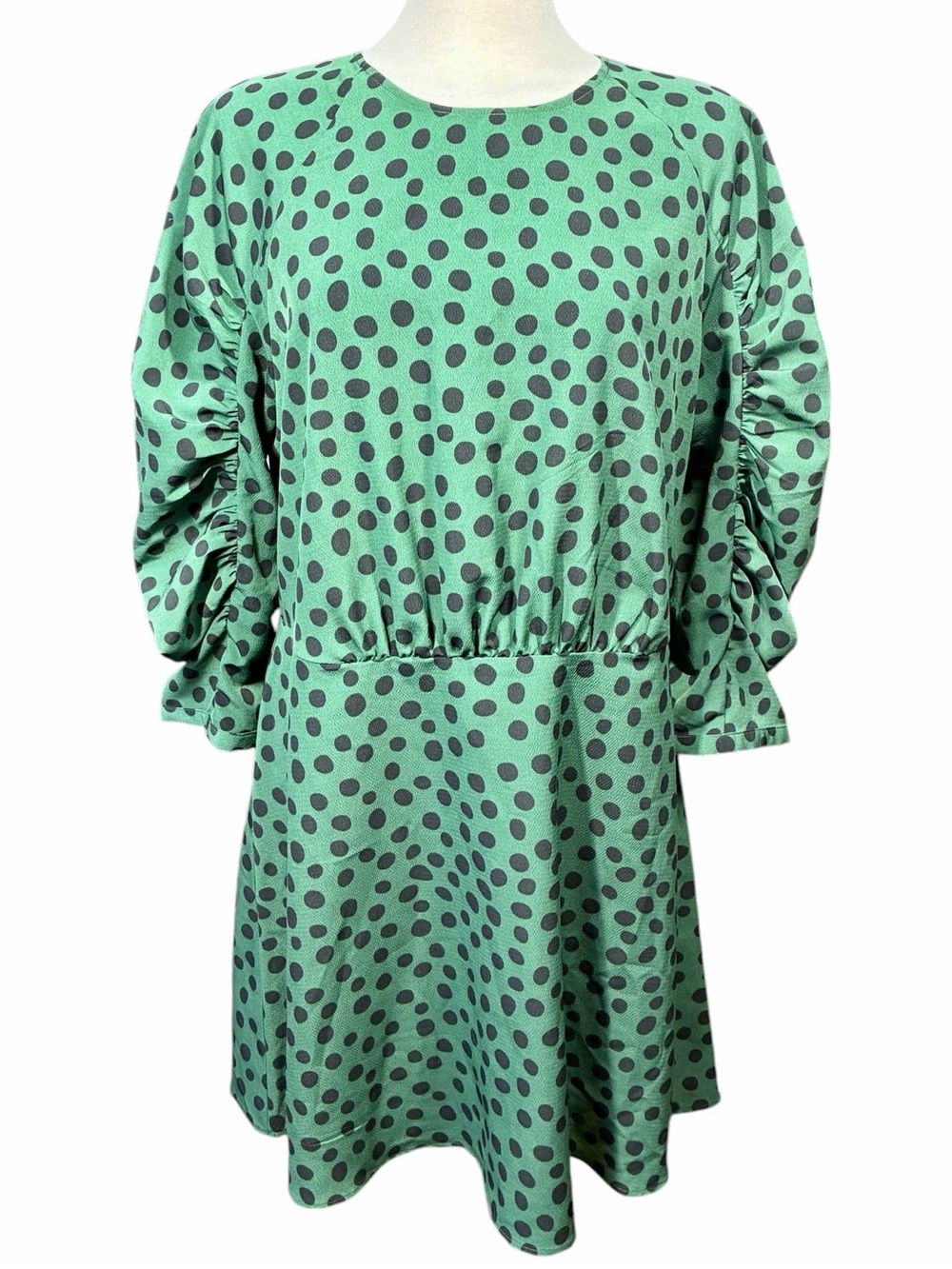 Who What Wear Green Black Polka Dot Print Dress Gathered Sleeves Women's XL